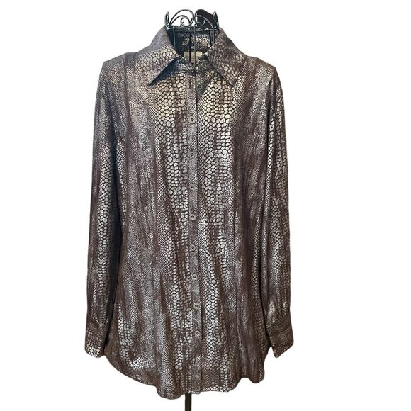 Chico's Brown and Silver Snakeskin Print Long Blouse Womens Size Medium 8-10 - Picture 1 of 9